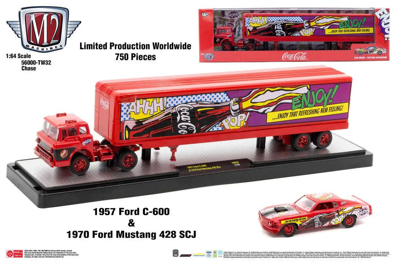 Red Ford C-600 truck hauler with Mustang graphics in M2 Machines Auto Hauler TW32
