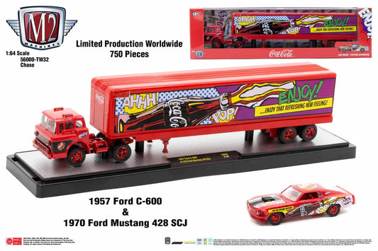 Red Ford C-600 truck hauler with Mustang graphics in M2 Machines Auto Hauler TW32