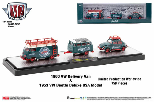 Coca-Cola themed M2 Machines Auto Hauler TW32 with VW Delivery Van and Beetle in teal and red