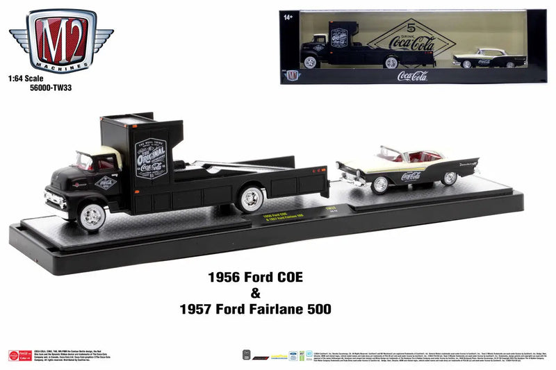 1956 Ford COE truck with 1957 Ford Fairlane 500 on trailer from M2 Machines Auto Hauler TW33
