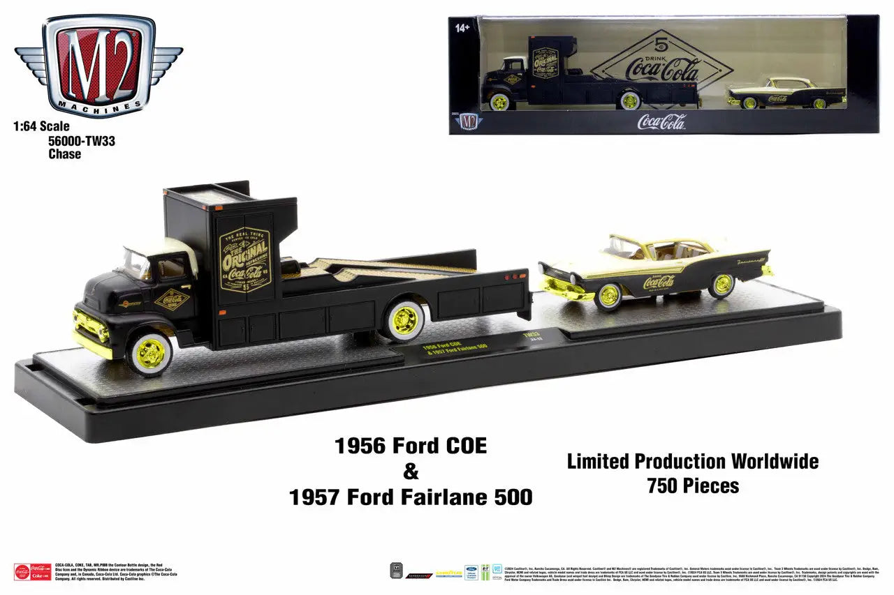 1956 Ford COE truck with 1957 Ford Fairlane on flatbed in M2 Machines Auto Hauler TW33