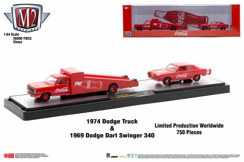 Coca-Cola themed M2 Machines Auto Hauler TW33 with 1974 Dodge Truck and Dodge Dart Swinger