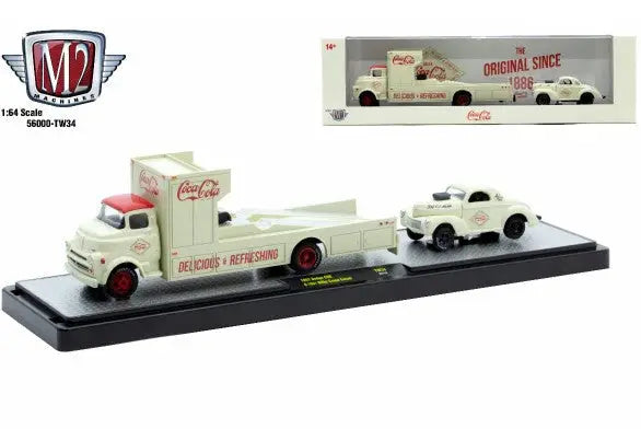 White and red Coca-Cola delivery truck with trailer hauling vintage car from M2 Machines Auto Hauler