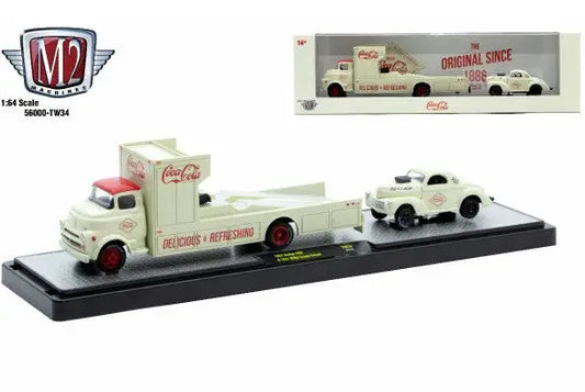 White and red Coca-Cola delivery truck with trailer hauling vintage car from M2 Machines Auto Hauler
