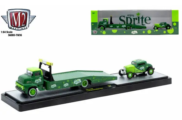 Green Sprite-themed toy truck and car set from M2 Machines Auto Hauler TW36 Ford Three Window