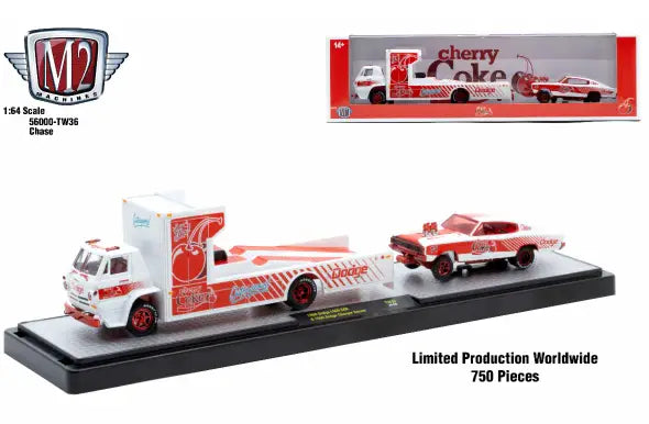 Cherry Coke diecast car and truck set featuring M2 Machines Auto Hauler TW36 Dodge L600 COE