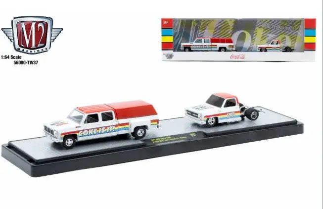 Coca-Cola-themed toy truck set featuring M2 Machines Auto Hauler TW37 Sierra Custom Coke