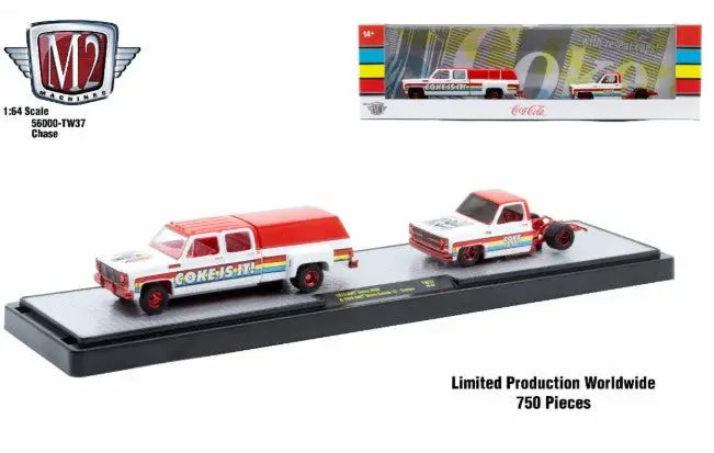 Coca-Cola themed toy truck set featuring M2 Machines Auto Hauler TW37 Sierra Custom Coke