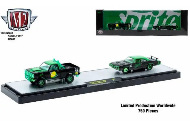 Sprite-themed diecast car set featuring Dodge Super Bee in M2 Machines Auto Hauler TW37