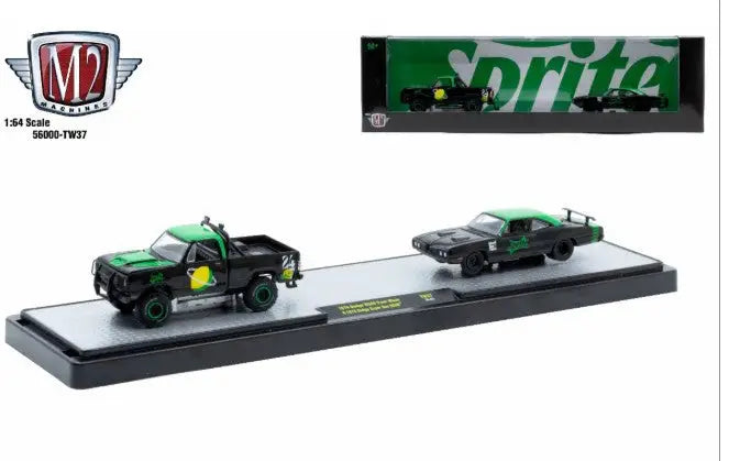 Sprite-themed diecast car set with M2 Machines Auto Hauler TW37 featuring Dodge Super Bee