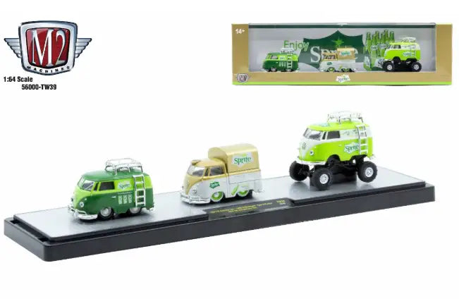 Set of three die-cast Volkswagen Type 2 vans with Sprite branding on M2 Machines auto hauler TW39
