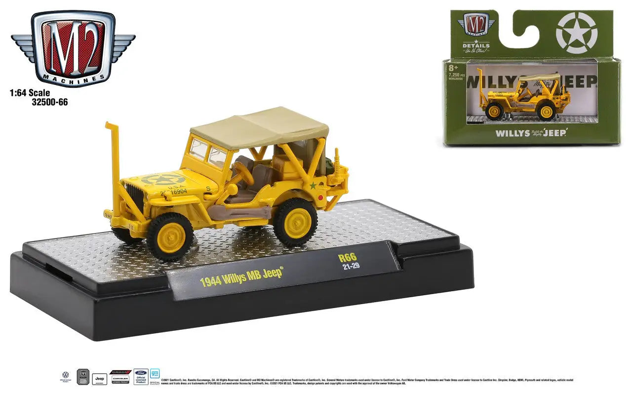 Yellow Willys MB Jeep die cast model on display from M2 Machines Auto Thentics collection