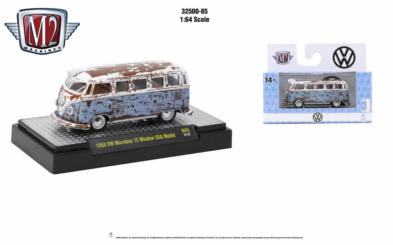 Vintage VW Microbus model car with winter paint, featured in M2 Machines Auto Trucks collection