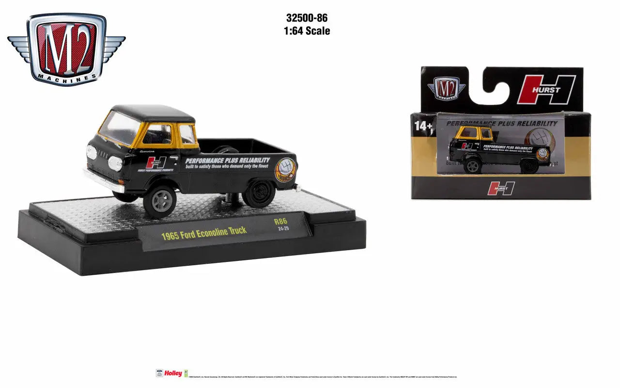 Black and yellow Ford Econoline truck model with Hurst branding from M2 Machines Auto Trucks