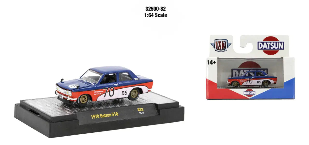 1970 Datsun 510 die-cast model car in blue, red, and white racing livery for M2 Machines Auto Trucks