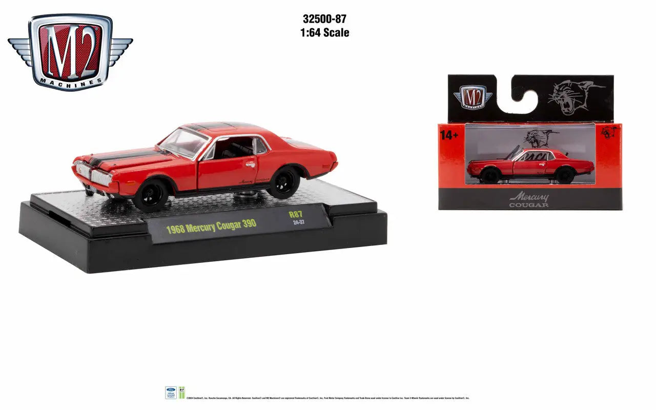 Red 1968 Mercury Cougar R-Code die-cast model from M2 Machines Auto Trucks Rel 87