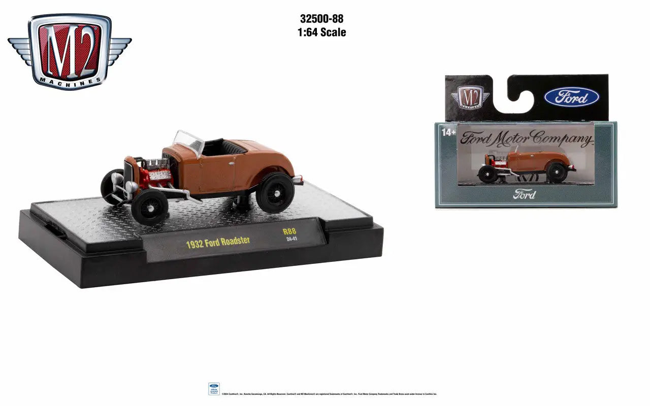 Brown vintage Ford hot rod model car showcasing exposed engine from M2 Machines Auto Trucks Rel