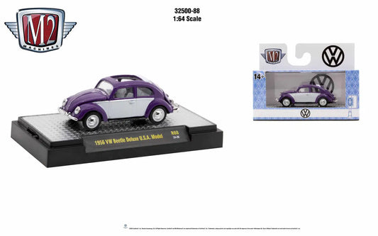 Purple and white 1956 Volkswagen Beetle Deluxe USA die-cast model by M2 Machines Auto Trucks