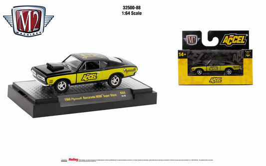 1968 Plymouth Barracuda HEMI Super Stock diecast in black and yellow Accel livery, M2 Machines Auto Trucks