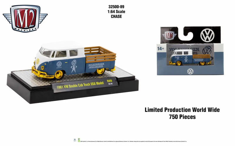 Two-tone VW Double Cab Truck model with wooden side rails from M2 Machines Auto Trucks