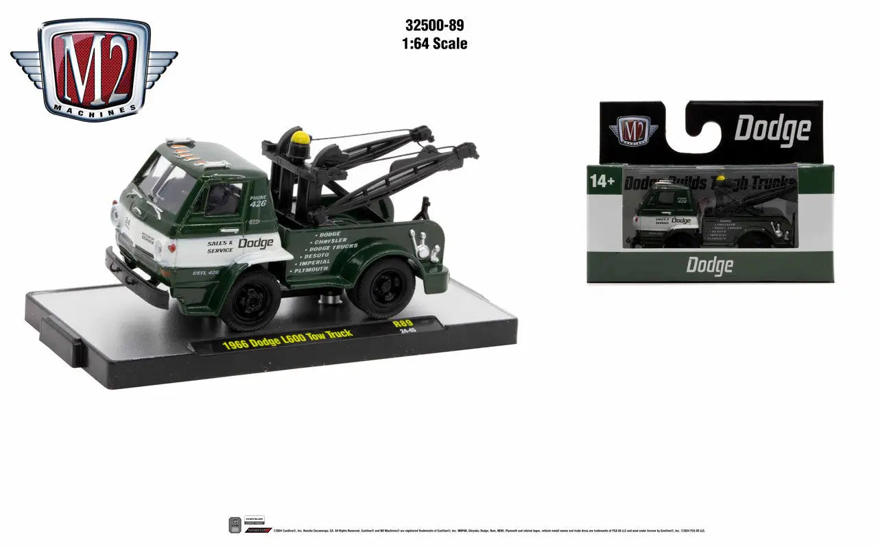 Green and white Dodge L600 Tow Truck model from M2 Machines Auto Trucks Rel 89