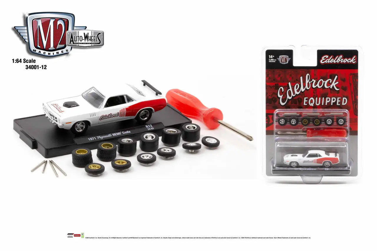White and red classic Plymouth Hemi Cuda model with interchangeable wheels and screwdriver