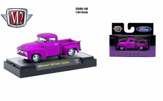 Purple 1956 Ford F-100 toy truck from M2 Machines AutoThentics Rel 1:64 series