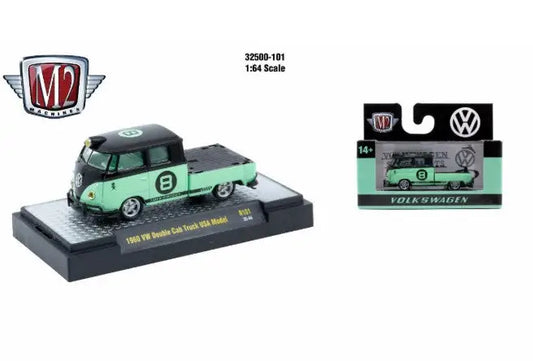 Mint green and black 1960 VW Double Cab Truck die-cast model in packaging, machines autothentics rel