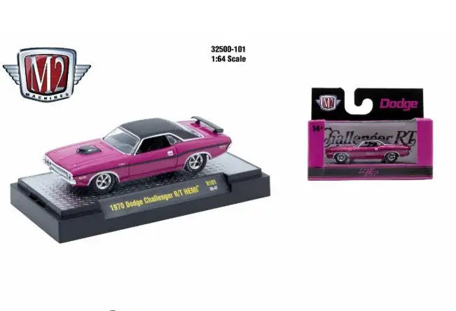 Pink 1970 Dodge Challenger R/T Hemi diecast model car with black roof, from M2 Machines Autothentics Rel