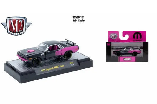 Black and pink 1971 Plymouth HEMI Cuda diecast model car from M2 Machines AutoThentics Rel