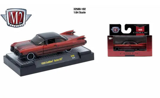 Red and black 1959 Cadillac Series 62 die-cast model by M2 Machines AutoThentics Rel