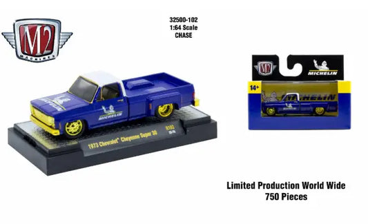 Blue and white 1973 Chevrolet Cheyenne Super 10 miniature truck by M2 Machines Autothentics Rel