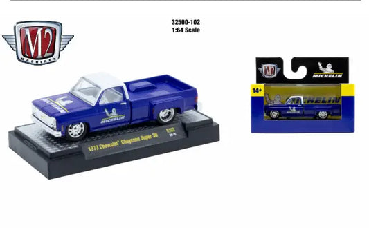 Blue and white 1975 Chevrolet Cheyenne Super 10 diecast model from M2 Machines AutoThentics Rel 102