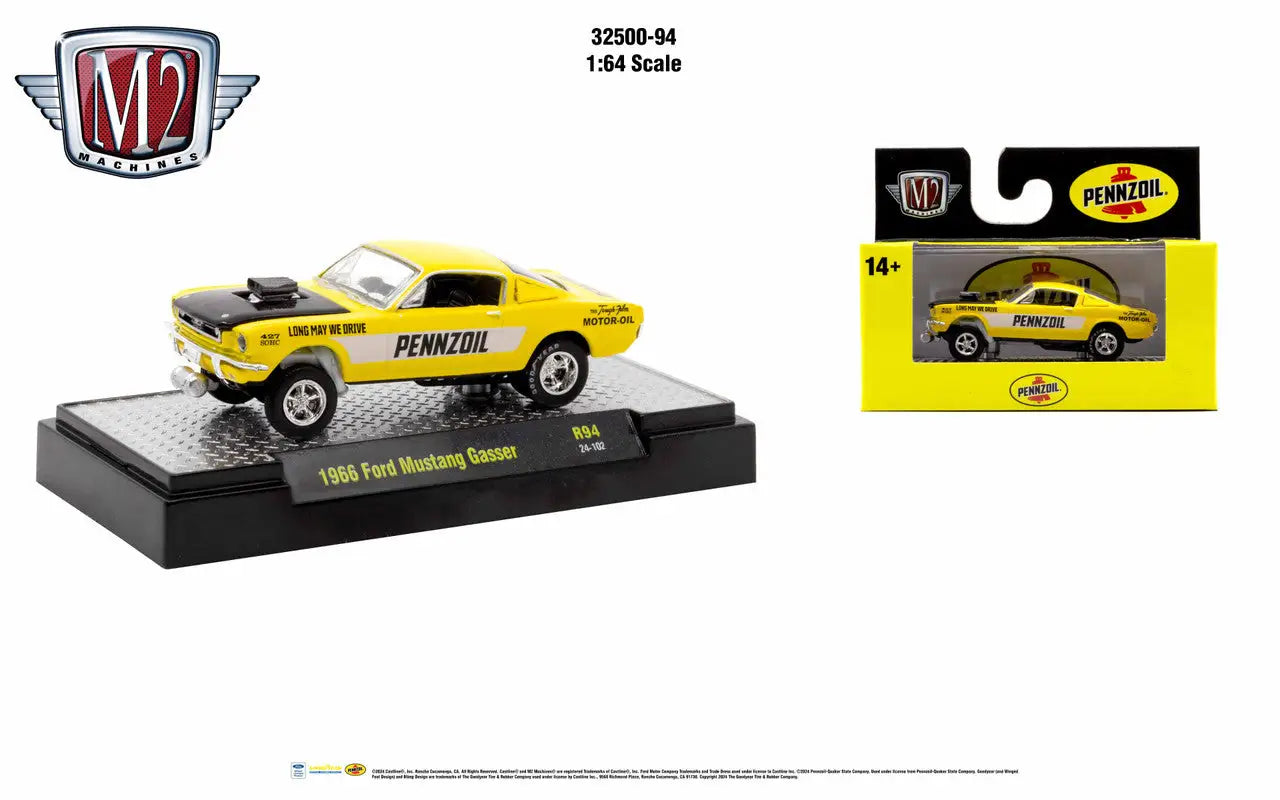 Yellow 1966 Ford Mustang Coupe diecast model car from M2 Machines AutoThentics Rel