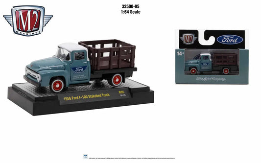 1956 Ford F-100 Stake Truck Diecast Model in Turquoise Blue from M2 Machines AutoThentics Rel