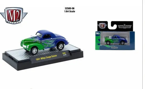 1941 Willys Coupe diecast model car in blue and green from M2 Machines Autothentics Rel