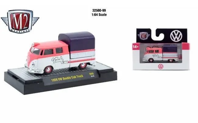 Pink and white VW double cab truck from M2 Machines AutoThentics Rel 98 1:64
