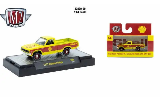 Yellow and red toy Datsun pickup truck from M2 Machines AutoThentics Rel 98