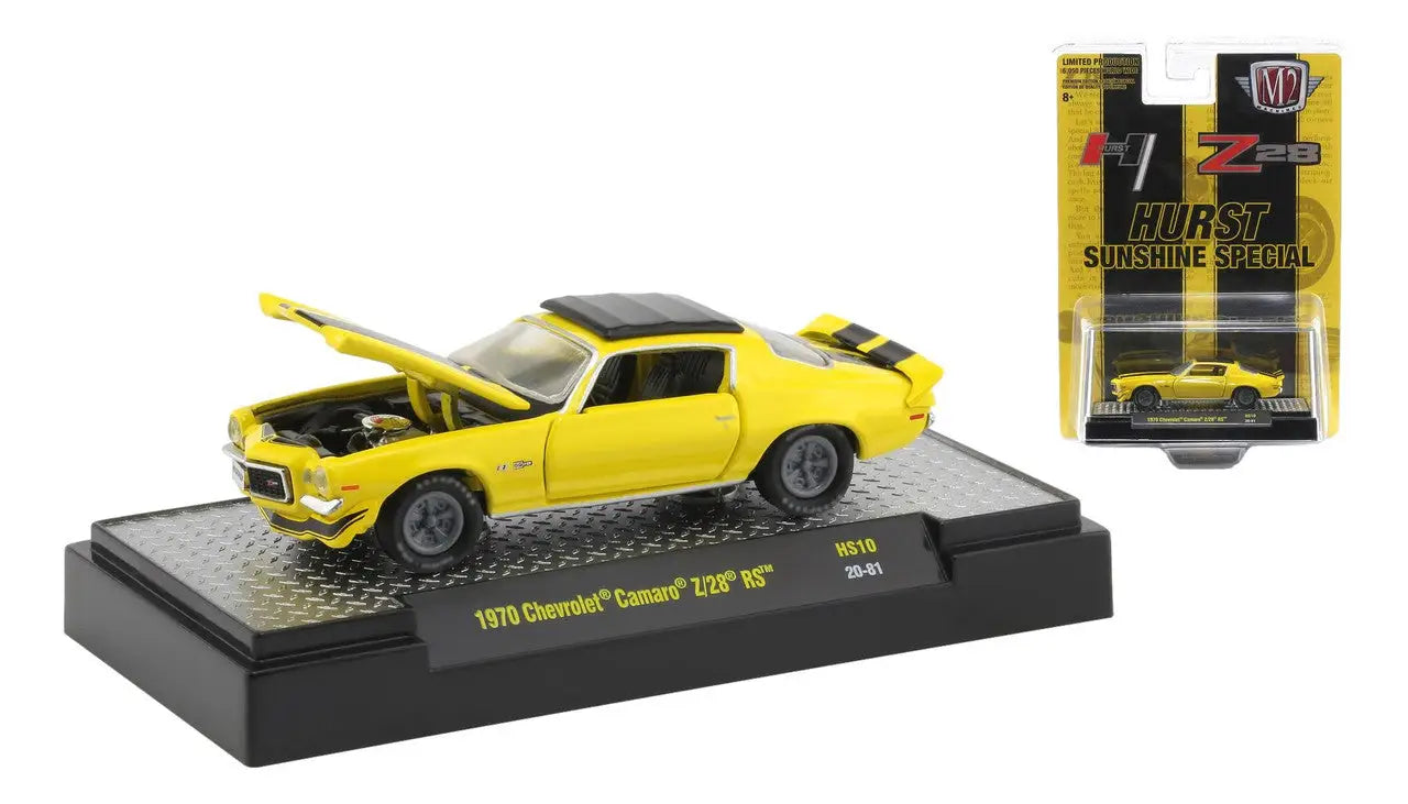 Yellow 1970 Chevrolet Camaro SS die-cast model car from M2 Machines Chevy Sports Release HS10