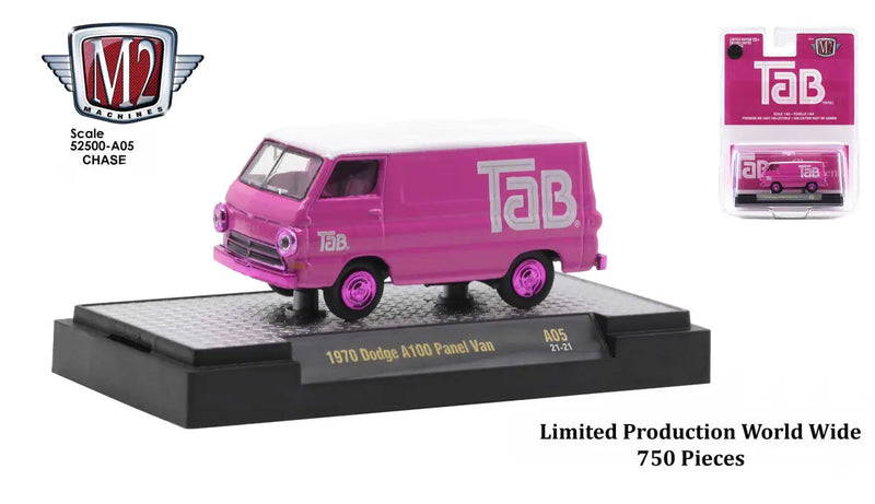 Pink 1975 Dodge A100 Panel Van with Tab branding displayed in M2 Machines Coca-Cola Release A05