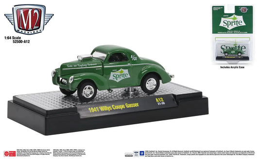 Green vintage Willys Coupe Gasser Sprite model car on display stand, M2 Machines Release A12