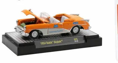 Orange and white 1954 Buick Skylark on display, part of M2 Machines Release A25 series