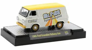Yellow and white Mr Pibb Ford Econoline Delivery Van displayed in M2 Machines Release A25