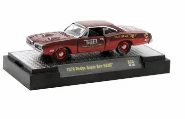 Scale model of a red Dodge Super Bee HEMI from M2 Machines Release A25 with racing decals