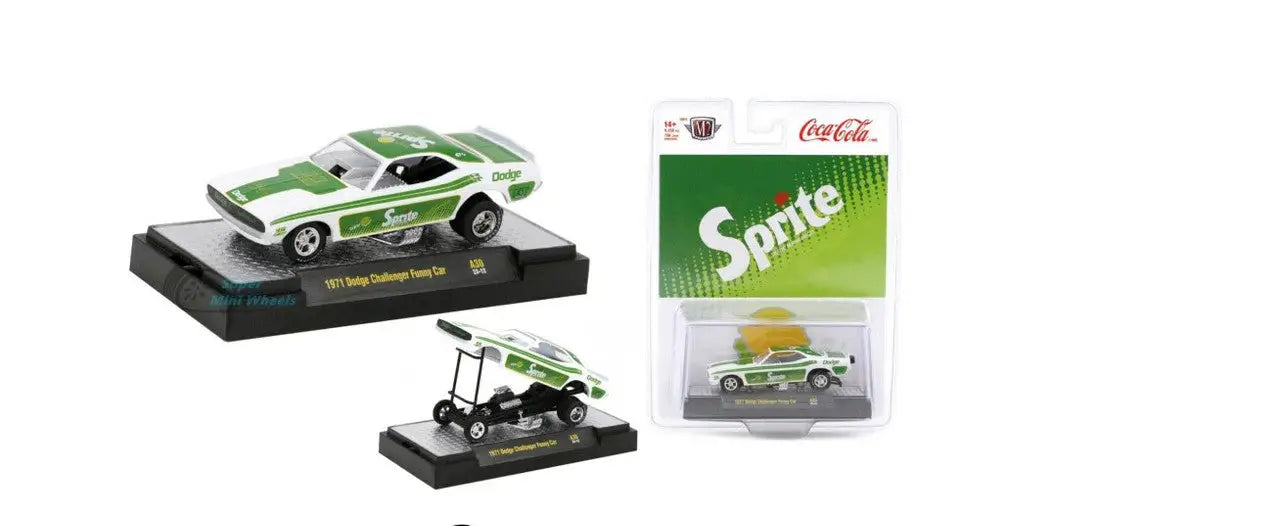 Vintage green and white Dodge Challenger Funny Car model with racing decals from Release A30