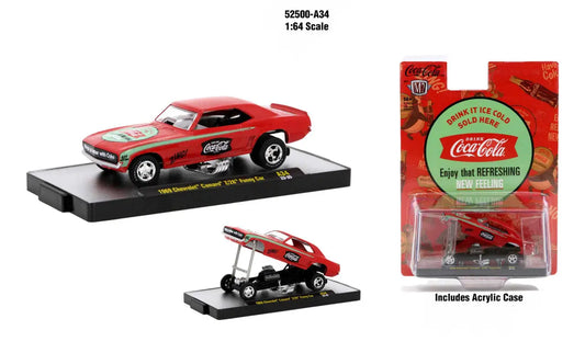 Red Coca-Cola themed Chevrolet Camaro Z28 Funny Car model with display stand and packaging