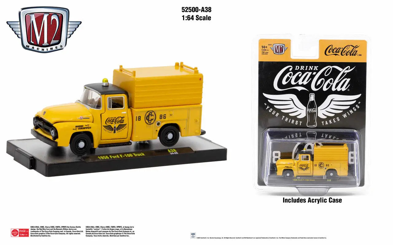 Yellow vintage Coca-Cola branded 1956 Ford F-100 truck, M2 Machines Release A38 collectible