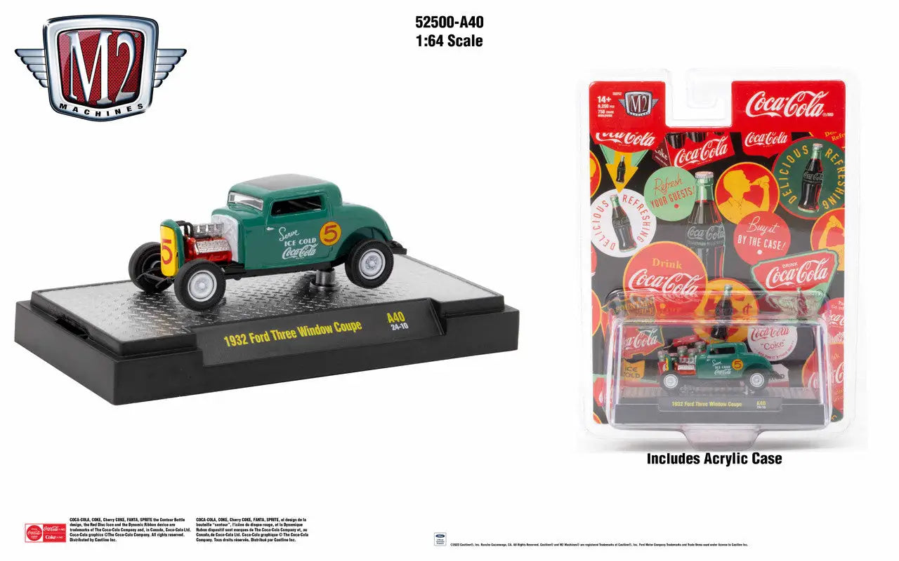 Green Ford Three Window Coupe model with yellow wheels next to Coca-Cola packaging