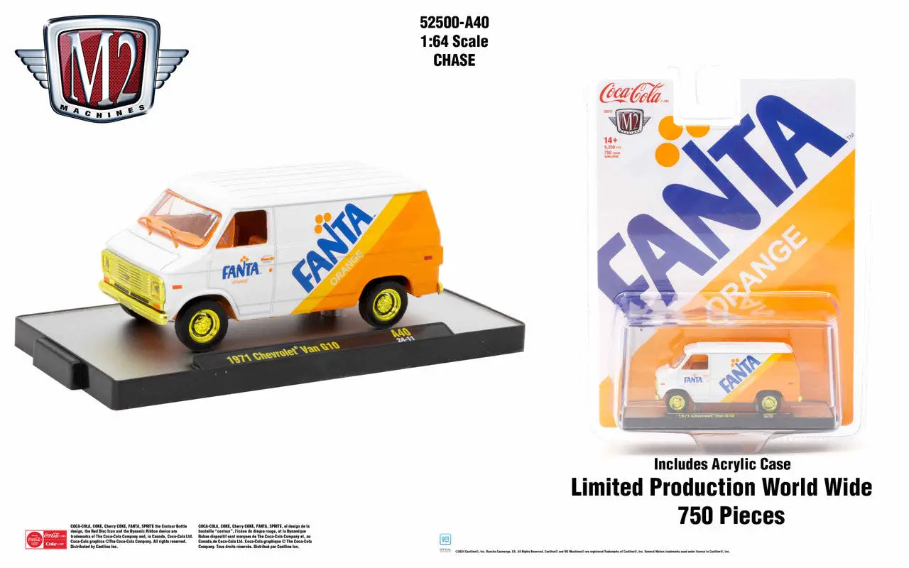 White and orange Fanta-branded 1965 Ford Econoline in M2 Machines Release A40 packaging
