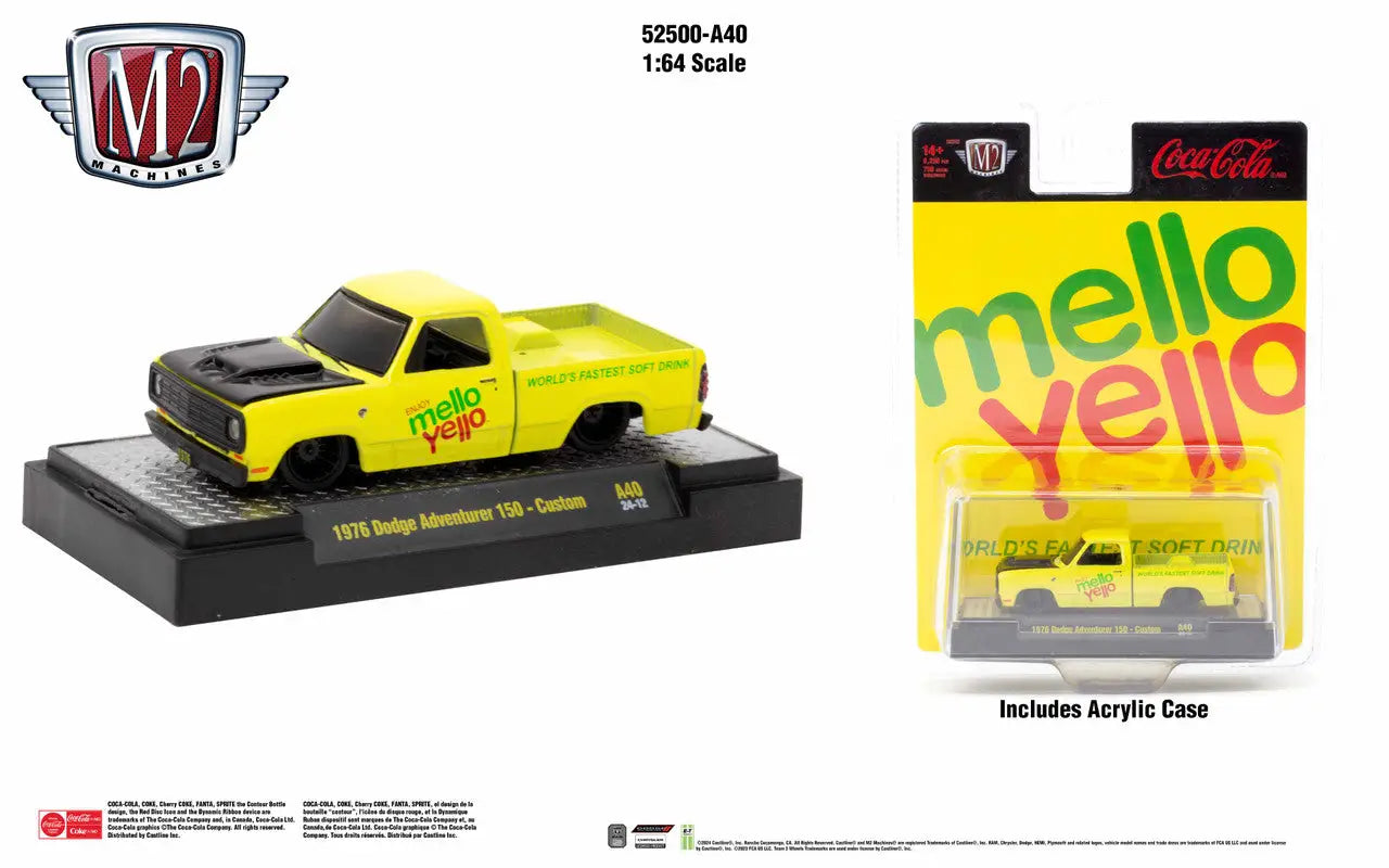 Yellow Dodge pickup truck with Mello Yello branding from M2 Machines Release A40